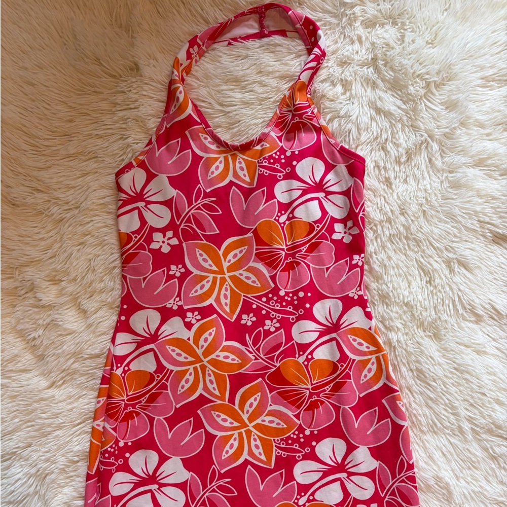 SHEIN Floral Hot Pink and Orange Hawaiian Hibiscus Halter Dress Size XS